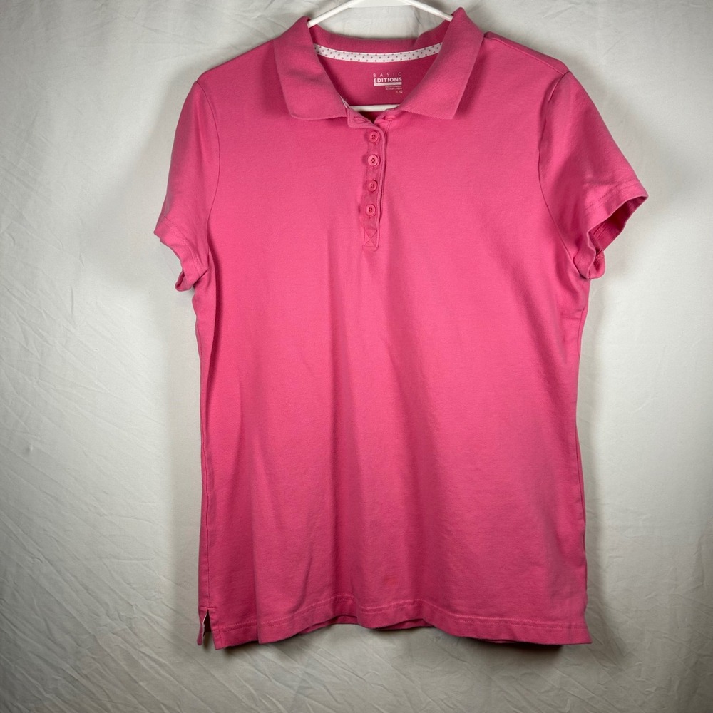 Basic Editions Polo Shirt Womens‎ Large Pink Short Sleeve Preppy Cotton